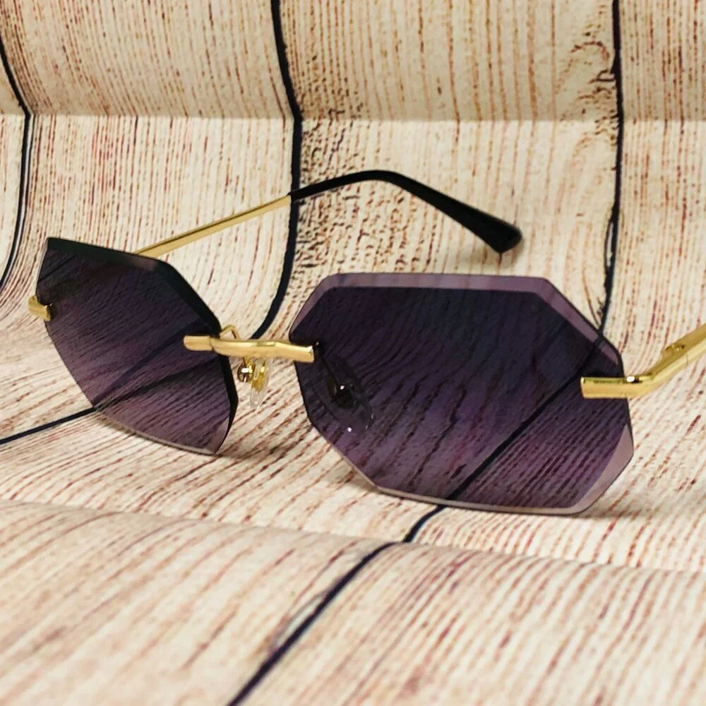 Men Sunglasses Gradient Black Lens Rimless Luxury Retro Shades Gold Metal Lentes